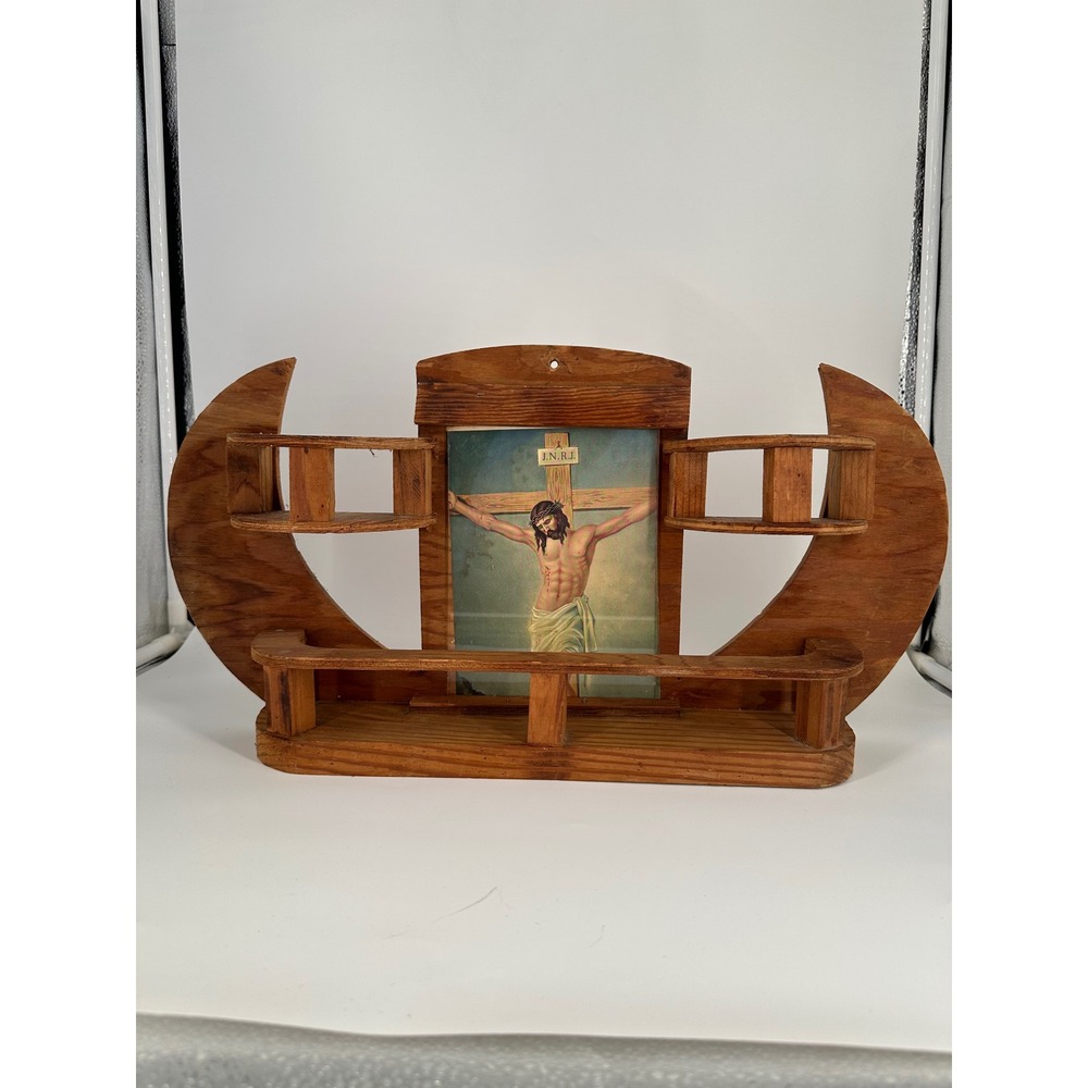 Vintage Wooden Jesus Crucifixion Altar Wall Shelf Folk Art Religious Decor 12in